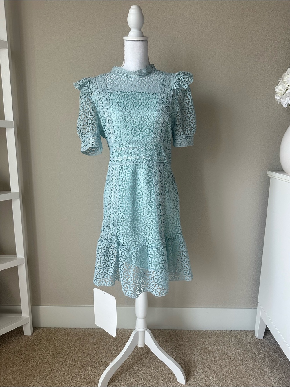 Chicwish Mint Aqua Lace Midi Dress with Puff Sleeves